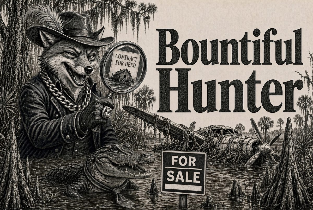 Bountiful Hunter: an engraved swamp scene with a fox holding a magnifying glass